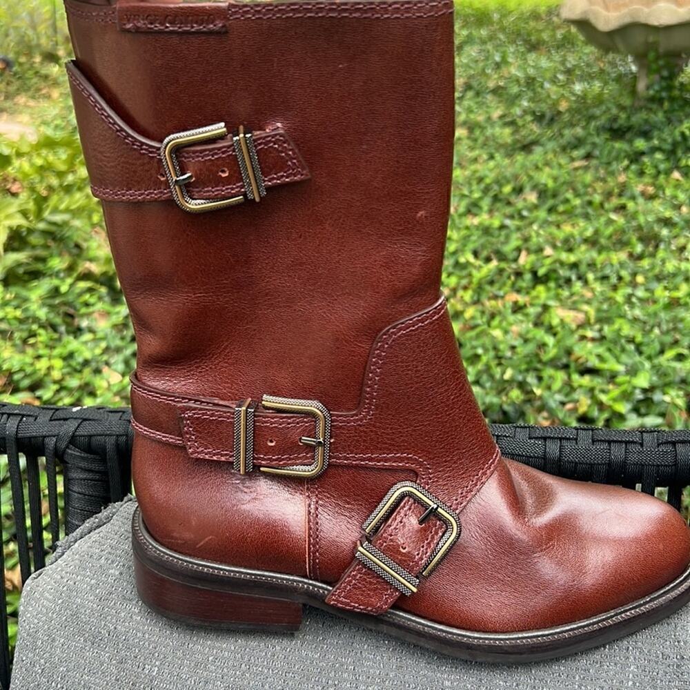 New ▶️ Vince Camuto ◀️  Alicenta Chocolate Brown Mid Calf Moto Women's Boots - Picture 4 of 16